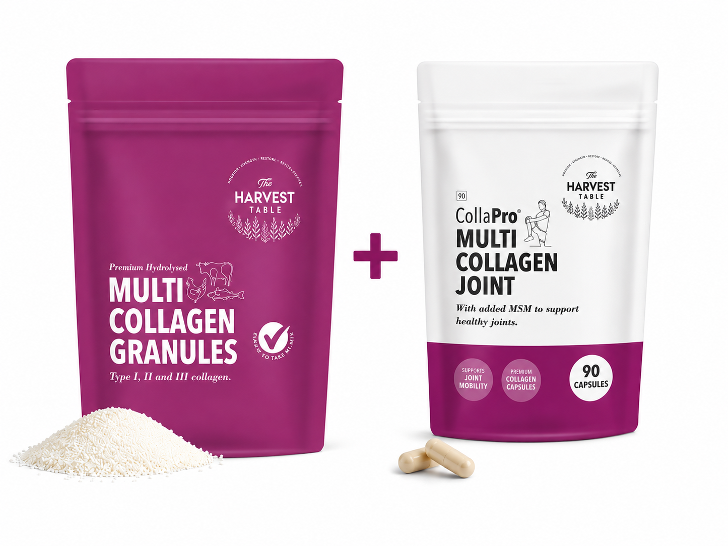 The Harvest Table Multi Collagen Granules 700g + CollaPro™ Multi Collagen Joint Capsules 90s